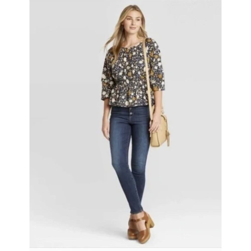 Universal Thread Small Peplum Blouse Blue Floral Bishop Sleeve Cotton Rayon